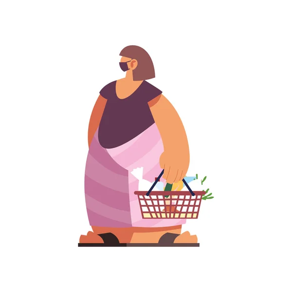 Mujer con máscara médica y cesta de supermercado sobre fondo blanco — Vector de stock