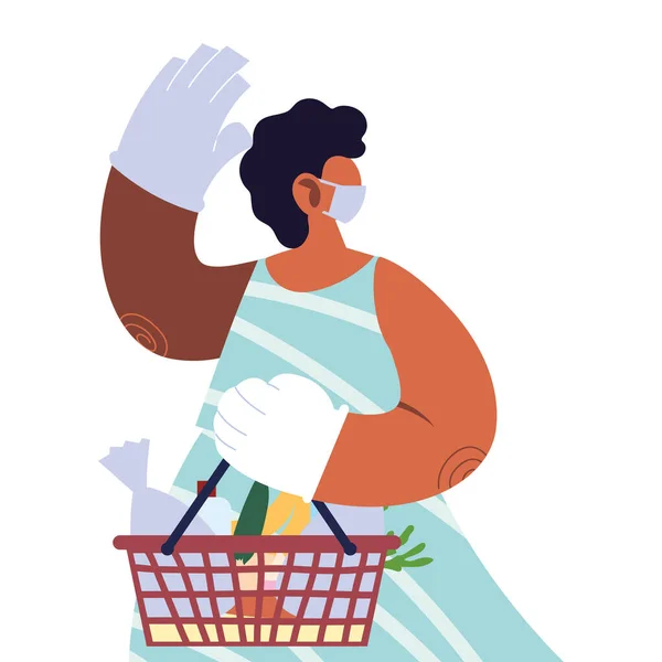 Donna con maschera medica e cesto del supermercato su sfondo bianco — Vettoriale Stock