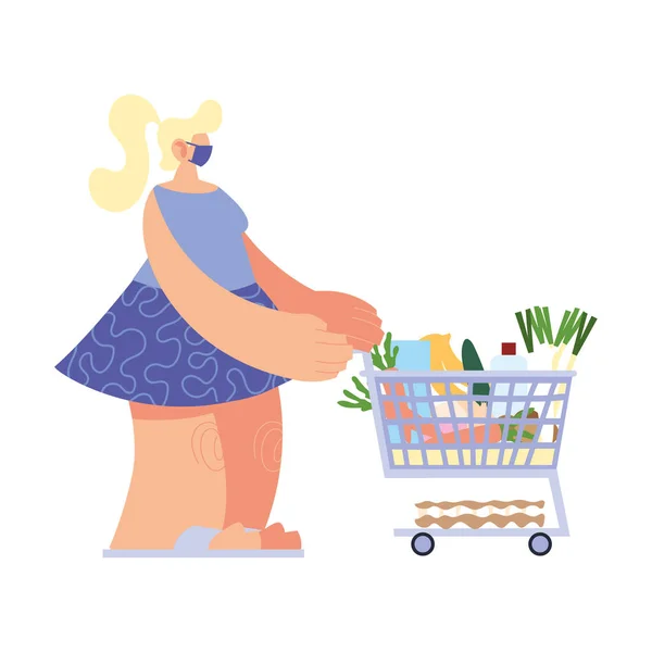 Donna con maschera medica e carrello del supermercato su sfondo bianco — Vettoriale Stock
