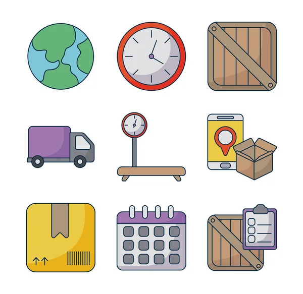 Set di icone logistica di consegna merci su sfondo bianco — Vettoriale Stock