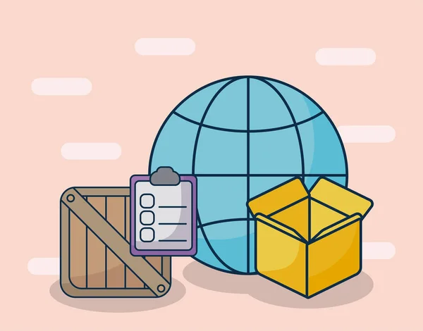 상자와 상품 배달 이 있는 세계 시장의 상징 — 스톡 벡터