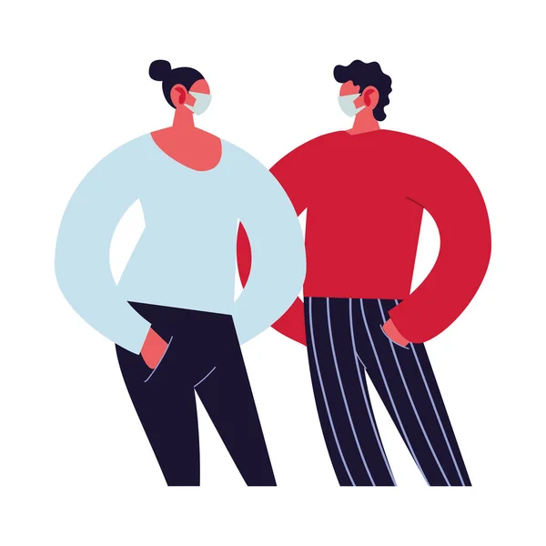 Jeune couple utilisant des masques faciaux — Image vectorielle