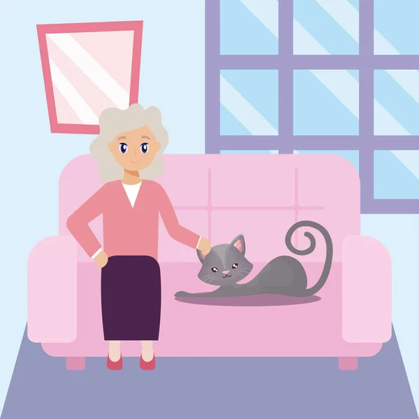 Äldre kvinna i vardagsrummet med katt — Stock vektor
