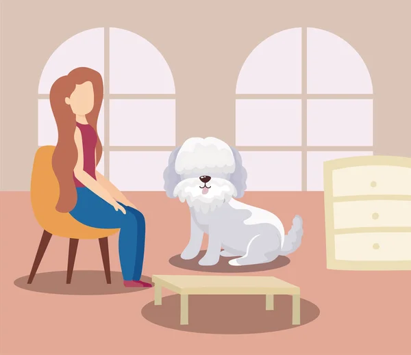 Vrouw in de woonkamer met een schattige hond, thuisblijven — Stockvector