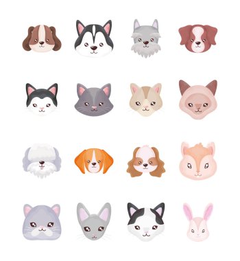 Beyaz arka planda bir grup kedi ve köpek kafası