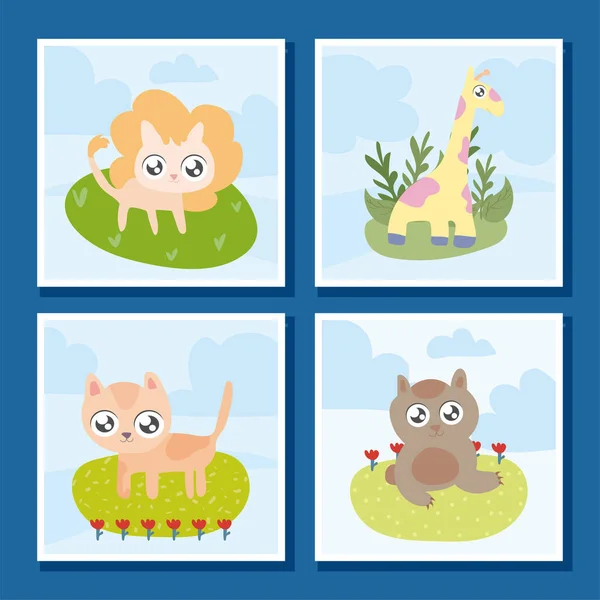 Uppsättning kort med djur i kawaii stil — Stock vektor