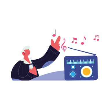 Radyoda müzik dinleyen bir adam.