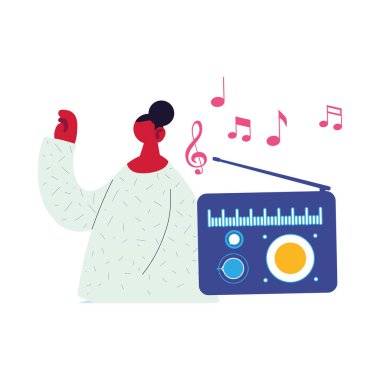 Radyoda müzik dinleyen bir kadın.