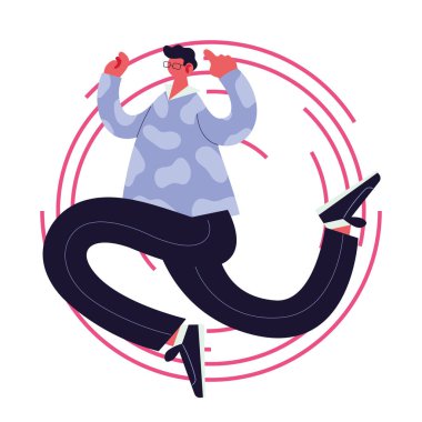 Adam müzik dinliyor ve dans ediyor.