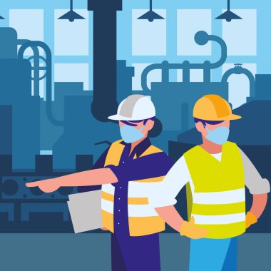 Yüz maskesi ile çalışan sanayi işçileri