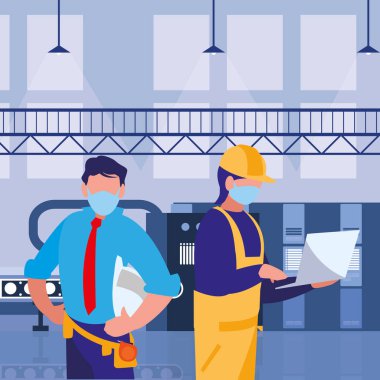 Yüz maskesi ile çalışan sanayi işçileri