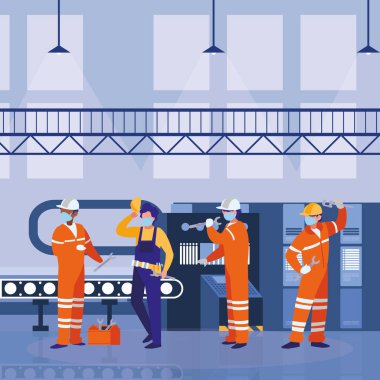 Yüz maskesi ile çalışan sanayi işçileri