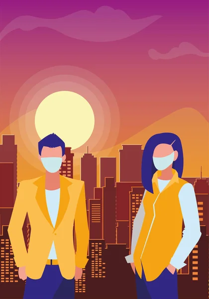 Pareja en la ciudad con máscara facial — Vector de stock