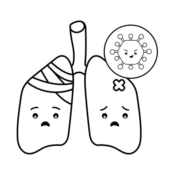 肺とウイルスの漫画のラインスタイルのアイコンのベクトルデザイン — ストックベクタ