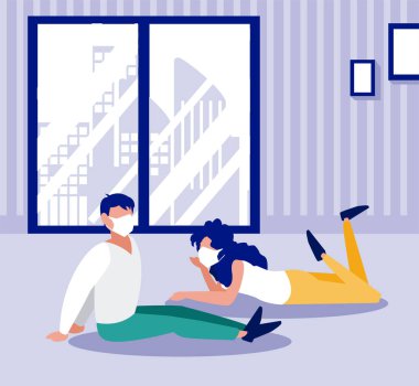 Kadın ve erkek evde maske takıyor.