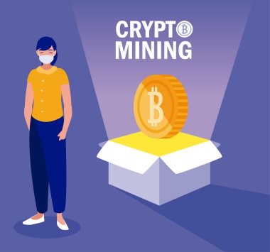 Maske kutusu ve bitcoin vektör tasarımı olan kadın