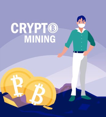 Maskeli ve bitcoin vektör tasarımlı adam