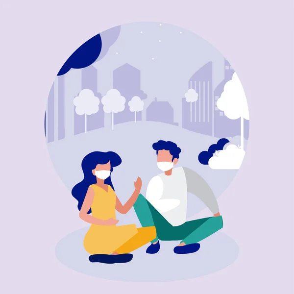 Woman and man couple with masks at park in front of city buldings vector design — Stock Vector