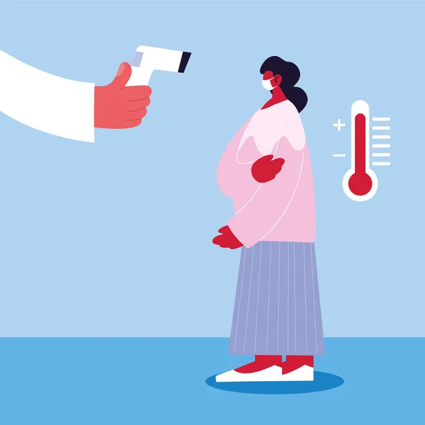 Médico mide la temperatura de una mujer en una máscara médica, prevención del coronavirus — Vector de stock