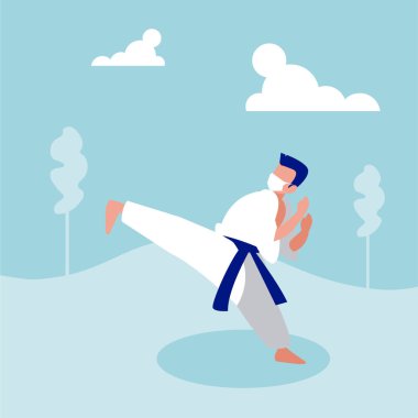 Park vektör tasarımında karate yapan maskeli adam.