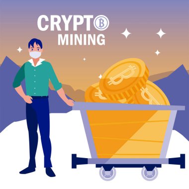 Sepet vektör tasarımının içinde maske ve bitcoin olan adam.