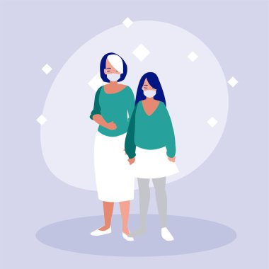 Anne ve kızı ve maskeli vektör tasarımı