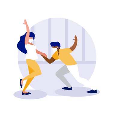 Maskeli kadın ve erkek ev vektör tasarımında dans ediyorlar.