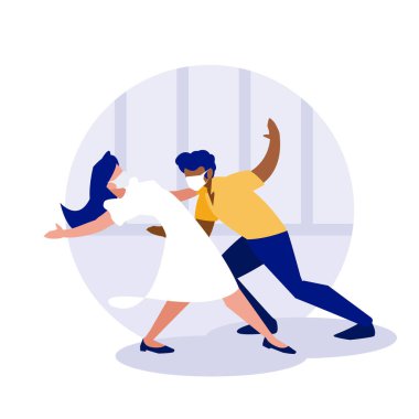 Maskeli kadın ve erkek ev vektör tasarımında dans ediyorlar.