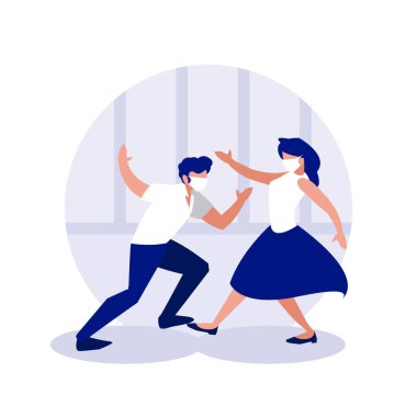 Maskeli kadın ve erkek ev vektör tasarımında dans ediyorlar.