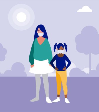 Park vektör tasarımında maskeli anne ve kız.