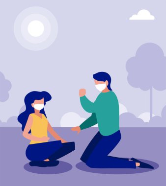 Park vektör tasarımında maskeli kadın ve erkek çift