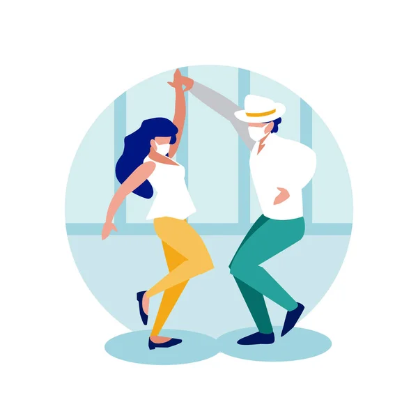 Mujer y hombre con máscara bailando en casa vector de diseño — Vector de stock