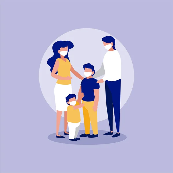 Family with masks in front of circle vector design — Stock Vector
