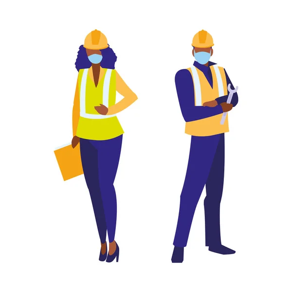 戴口罩工作的产业工人夫妇 — 图库矢量图片