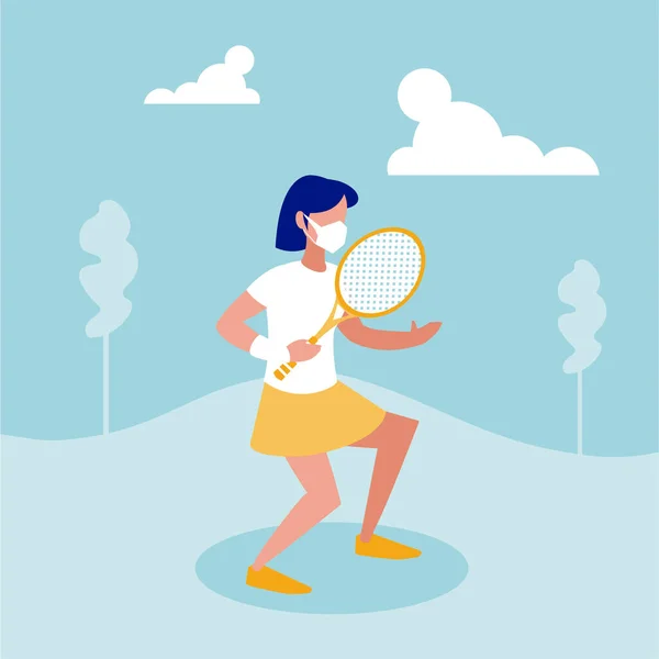 Женщина в маске играет в теннис в дизайне парка — стоковый вектор