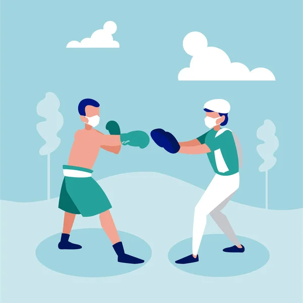 Men with masks boxing at park vector design — Stock Vector