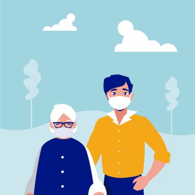 Park vektör tasarımında maskeli bir adam ve büyükanne.