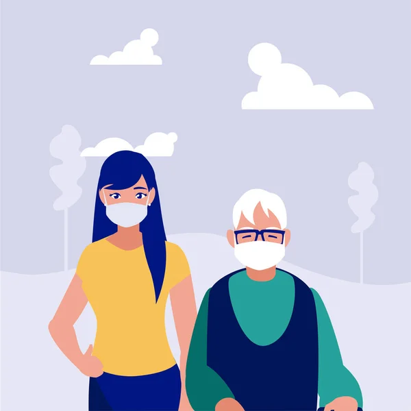 Woman and grandfather with mask at park vector design — Stock Vector