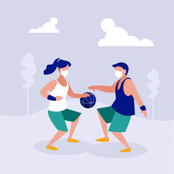 Mujer y hombre con máscara jugando baloncesto en el diseño del vector del parque — Vector de stock