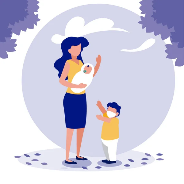 Mother baby and son with masks outside vector design — Stock Vector