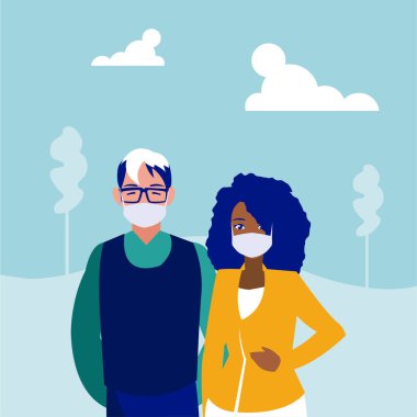 Park vektör tasarımında maskeli kadın ve erkek