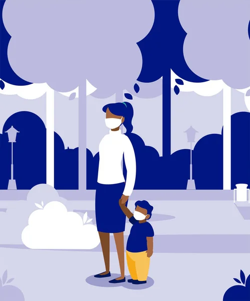 Madre e hijo con máscaras en el diseño del vector del parque — Vector de stock