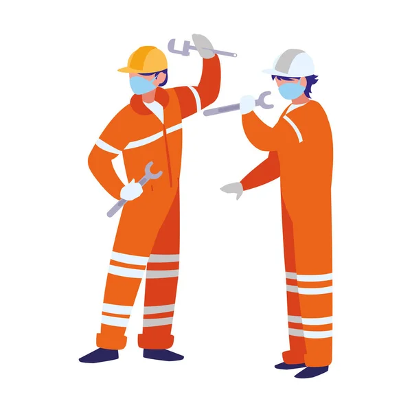 Industrial workers men working with face mask — Stock Vector