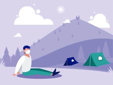 Kamp çadırı tasarlayan, manzaranın önündeki maskeli adam.