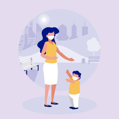 Park vektör tasarımında maskeli bir anne ve oğul.