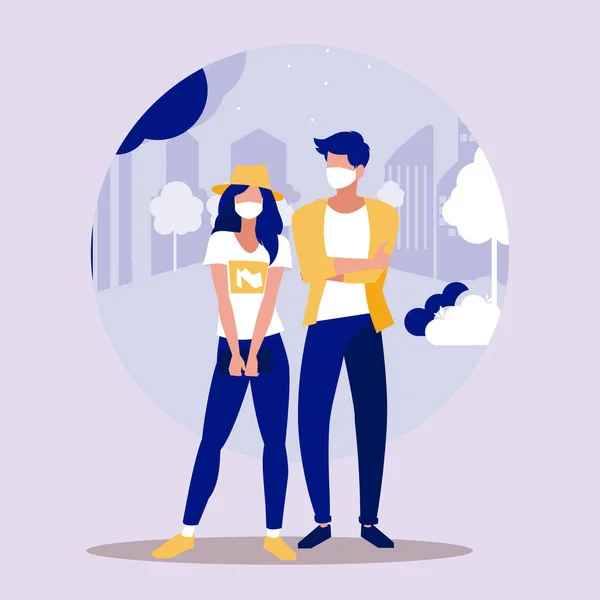 Woman and man with mask at park vector design — Stock Vector