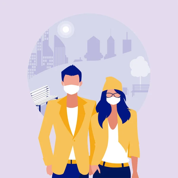 Woman and man with mask at park vector design