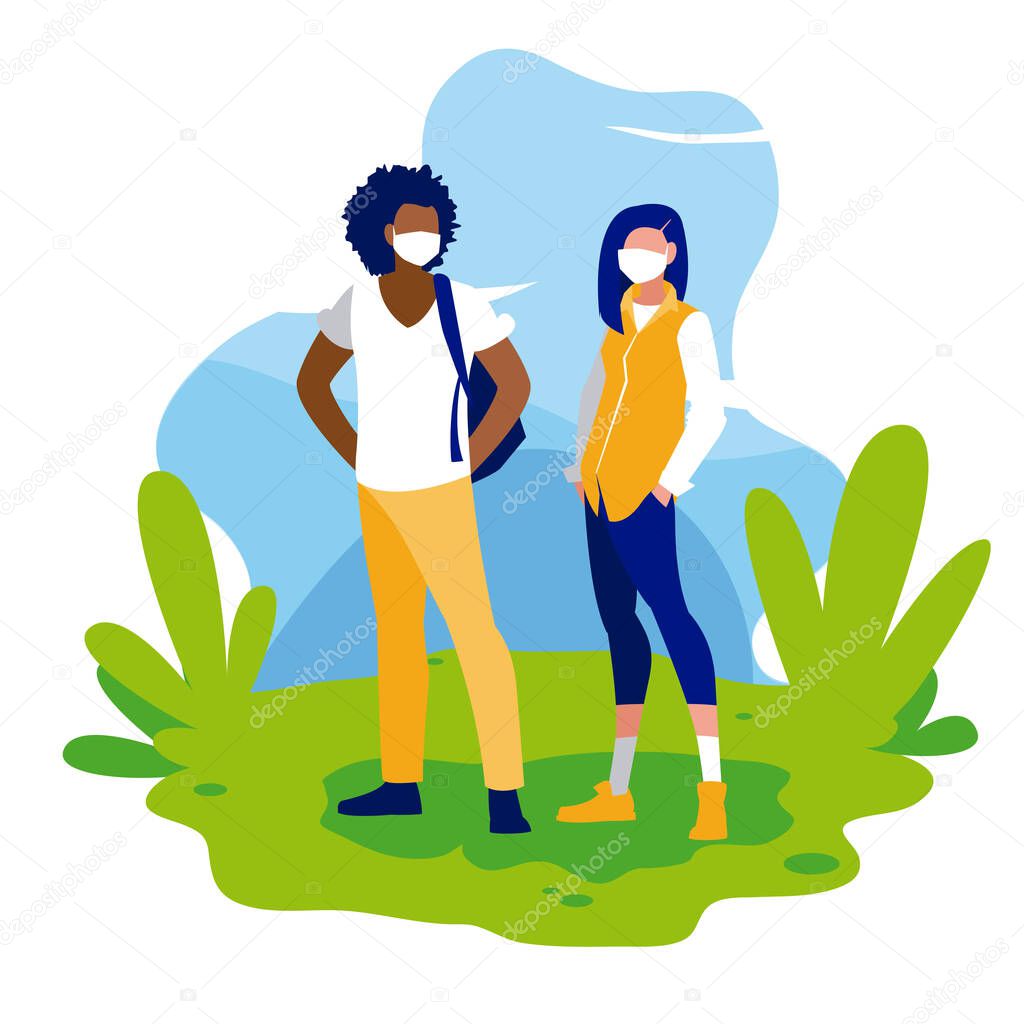 Woman and man avatars with masks outside vector design
