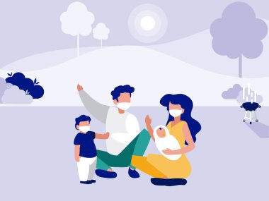 Park yerinde maskeli bir aile ve ağaç vektör tasarımı