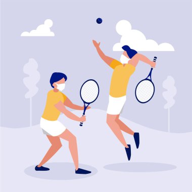 Park vektör tasarımında tenis oynayan maskeli adamlar.